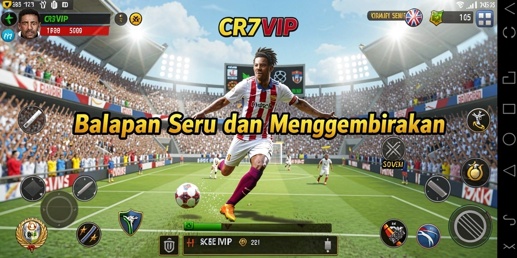 Tangkapan layar gameplay <strong>CR7VIP</strong> yang menunjukkan balapan seru di trek menawan.