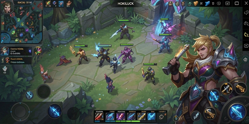Tangkapan layar gameplay HOKILUCK menampilkan pertarungan epik antar karakter.