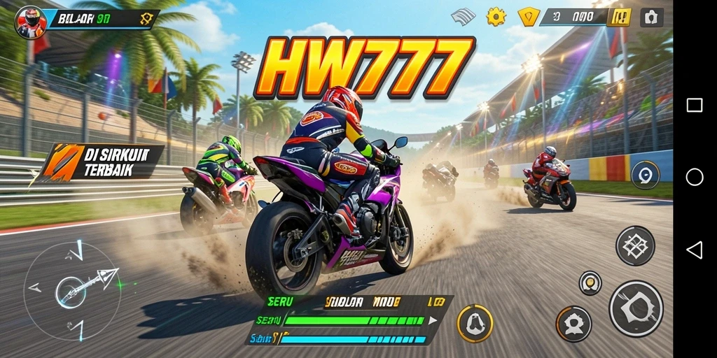 Tampilan gameplay seru di sirkuit balapan motor.