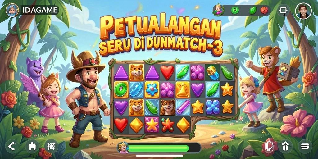 Screenshot gameplay IDAGAME menampilkan aksi mencocokkan elemen di level Match-3.
