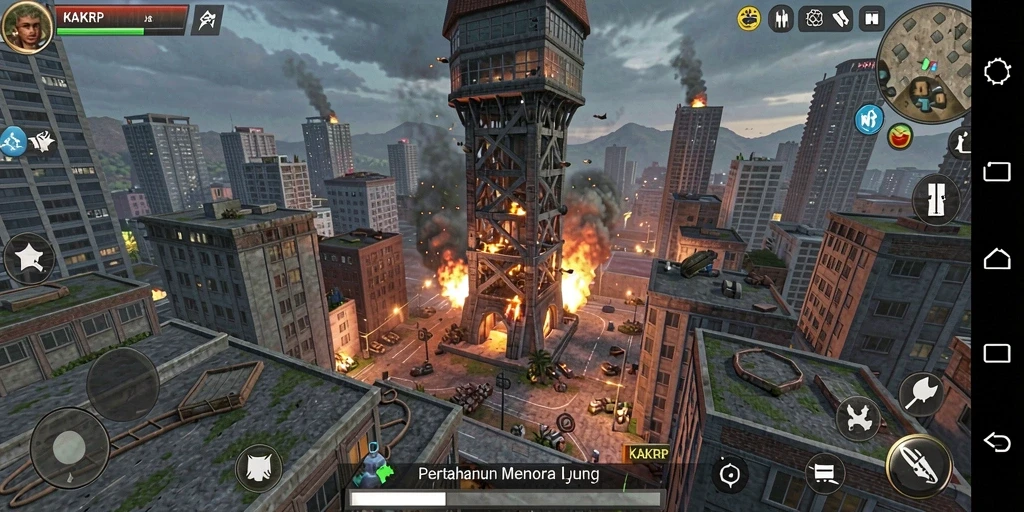 Tampilan gameplay KAKRP menampilkan strategi menara pertahanan yang seru.