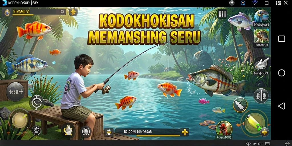 Screenshot dari gameplay KODOKHOKI889 yang menampilkan aksi memancing yang seru.