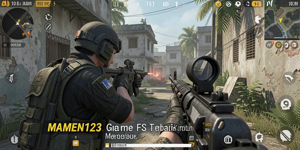 Screenshot gameplay MAMEN123 dengan aksi tembak-menembak intens.