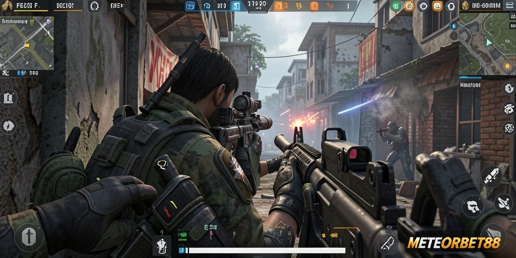 Tangkapan layar game METEORBET88 menunjukkan aksi pertempuran FPS yang mendebarkan.