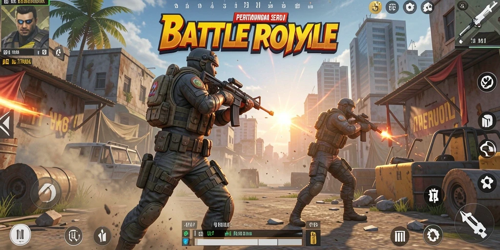 Tangkapan layar RKGG menampilkan aksi bertempur seru di arena Battle Royale.