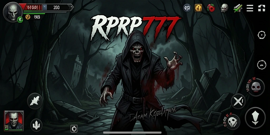 Screenshot gameplay RPRP777 dengan suasana menyeramkan dan efek suara mencekam.