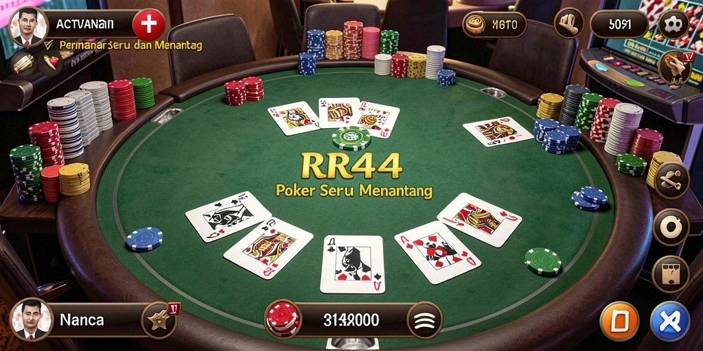 Tampilan gameplay utama RR44 yang menunjukkan aksi seru bermain Poker.